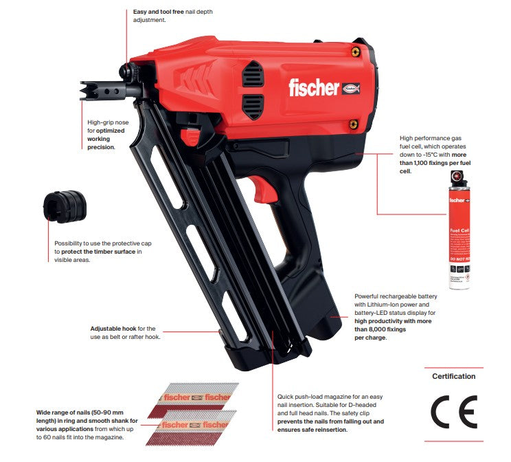 Fischer 560041 FGW 90F Gas Framing Nailer, Nail Gun, Red & Black
