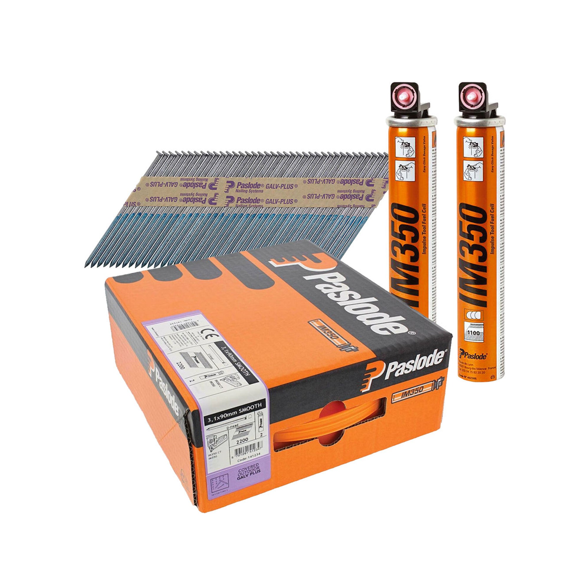 Paslode 141234 IM350 3.1mm x 90mm Galv Nails x 2200 and 2 Fuel Cells