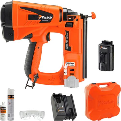 Paslode IM65 F16 Cordless Brad Nailer kit includes: Lithium battery and charger, gun cleaner, safety goggles and hard carry case.