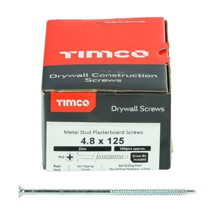 TIMCO BZP Drywall Screw Fine Thread Bugle Head 4.8 x 125mm (Box of 100)