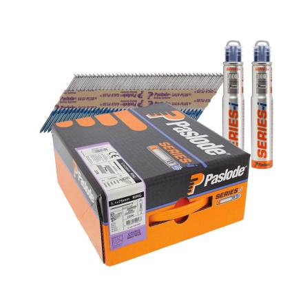 Paslode 141072 3.1 x 75mm Galv-Plus Ring Shank Framing Nails Pack of 2200 + 2 Fuel Cells