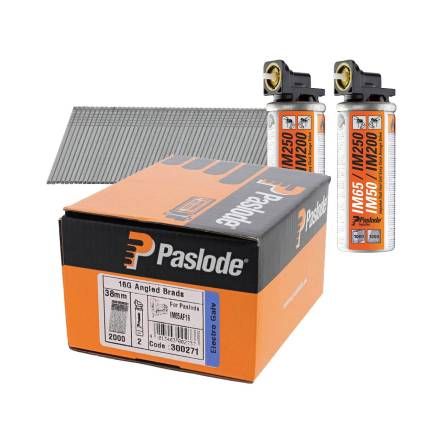 Paslode 300271 F16 1.6 x 38mm Electro-Galvanised Angled Brad Nails - Pack of 2000 and 2 Fuel Cells