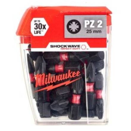 Milwaukee Shockwave Impact Duty PZ2 x 25mm Screwdriver Bits Pack of 25