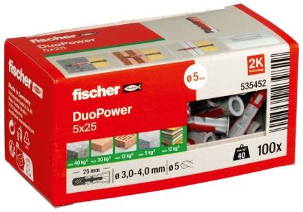 Fischer DuoPower 5 x 25mm Universal Two-Component Wall Plug - Pack of 100