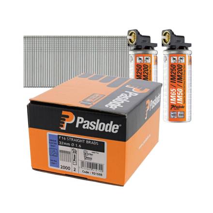 Paslode 921588 F16 x 32mm Galvanised Brad Nails (Pack of 2000 and 2 Fuel Cells)