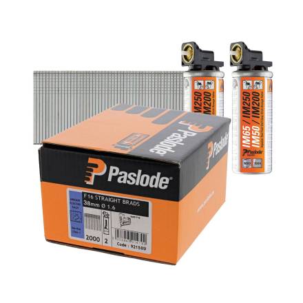 Paslode 921589 F16 1.6 x 38mm Galvanised Straight Brad Nails (Pack of 2000 and 2 Fuel Cells)