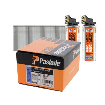 Paslode F16 Straight Electrogalvanised Brad Nails 1.6 x 63mm (Pack of 2000 and 2 Fuel Cells)