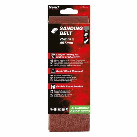 Trend Aluminium Oxide Sanding Belt 60 Grit 75 x 457mm - Pack of 3