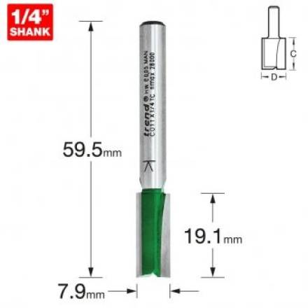 Trend CraftPro Two Flute Straight Router Cutter 7.9mm Diameter x 19.1mm Cut 1/4" Shank