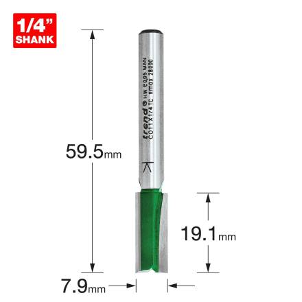 Trend CraftPro Two Flute Straight Router Cutter 7.9mm Diameter x 19.1mm Cut 1/4" Shank