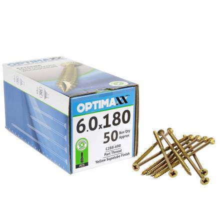 Optimaxx Extreme Performance Countersunk Wood Screw 6.0 x 180mm Yellow Zinc Box of 50