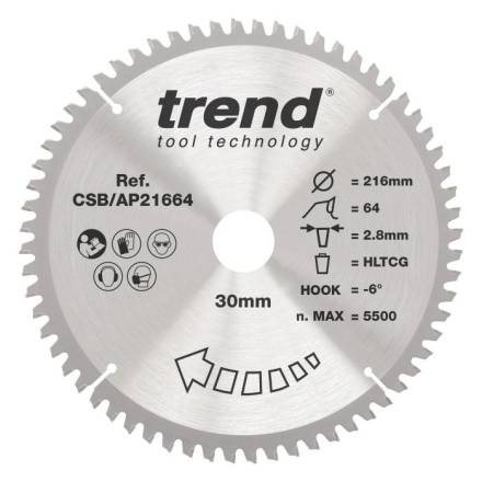 Trend CSB/AP21664 Aluminium and Plastic Circular Saw Blade 216 x 30mm x 64T