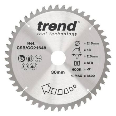 Trend CraftPro CSB/CC21648 TCT Mitre Saw Crosscut Blade 216 x 30mm 48T
