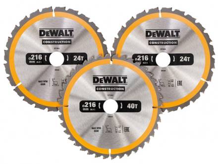 DeWalt DT1962-QZ Construction Circular Saw Blade 216 x 30mm Pack of 3 (2x24T, 1x40T)
