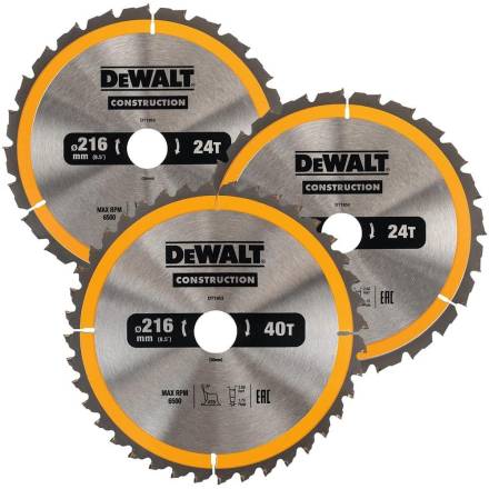 DeWalt DT1962-QZ Construction Circular Saw Blade 216 x 30mm Pack of 3 (2x24T, 1x40T)