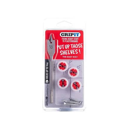 Gripit Shelf Kit - Red 18mm Plasterboard Fixings with Drill Bit, Pack of 4