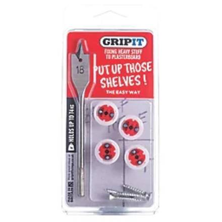 Gripit Shelf Kit - Red 18mm Plasterboard Fixings with Drill Bit, Pack of 4