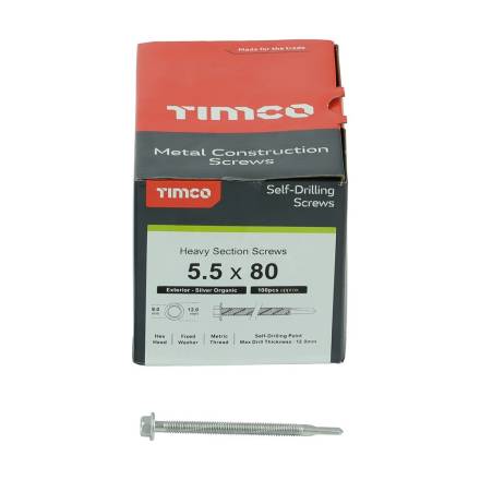 TIMCO Metal Construction Heavy Section Tek Screws - Hex Self-Drilling Exterior Silver Organic 5.5 x 80mm (Box of 100)